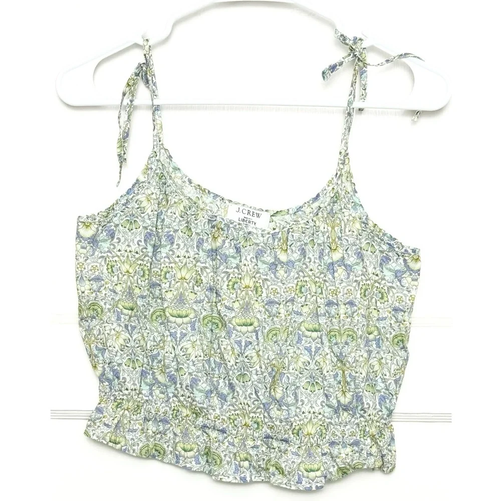 J CREW X LIBERTY Floral Tie Strap Sleeveless Ruffle Smocked Waist Crop Tank S - Picture 4 of 8